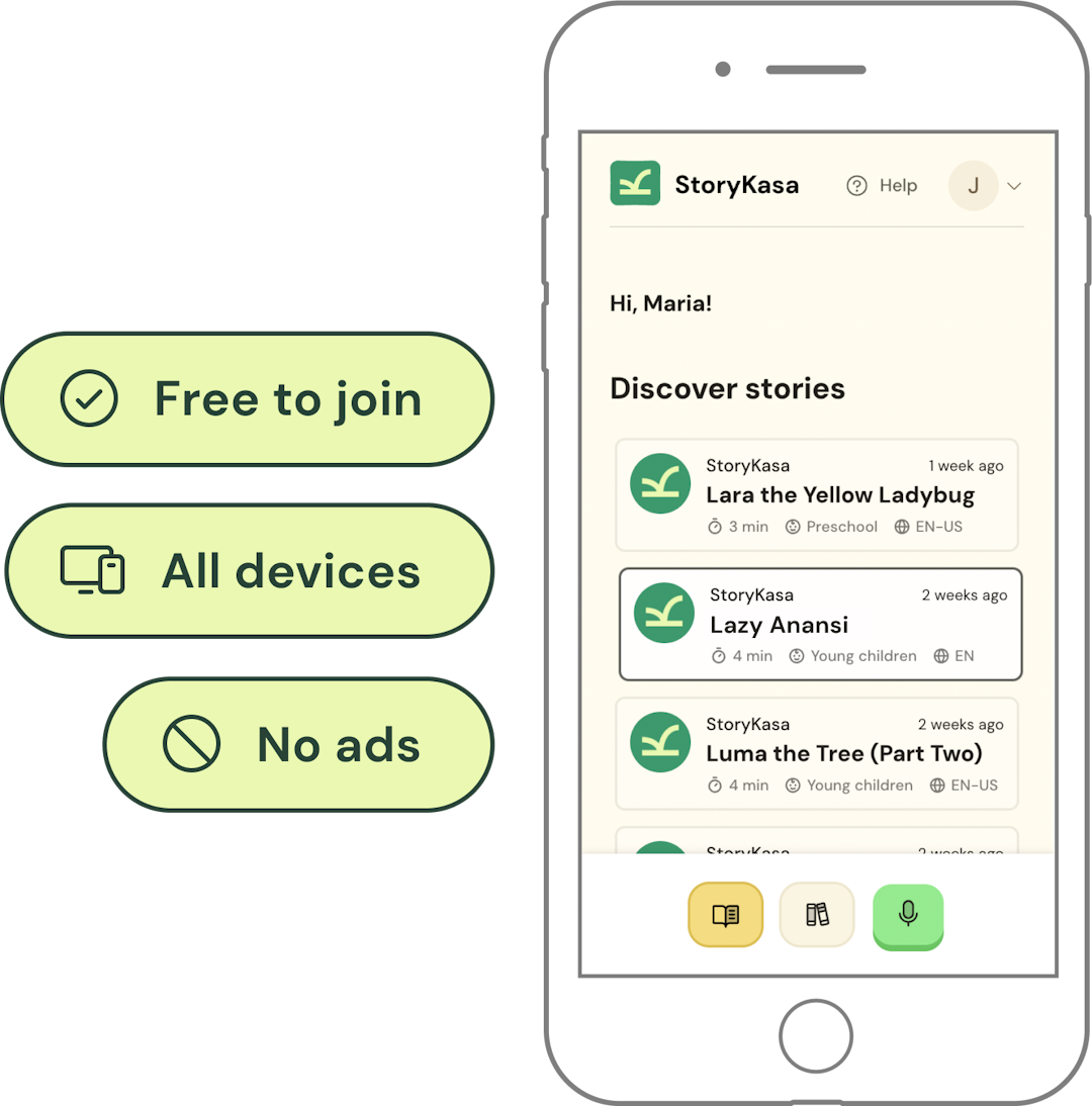 A phone mockup showing the StoryKasa interface
